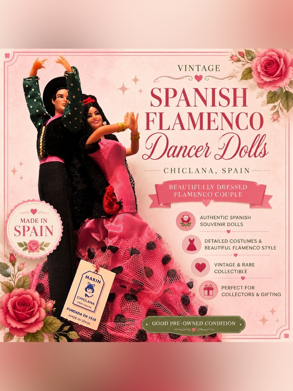 Vintage Marin Chiclana Spanish Flamenco Dancer Doll Couple Made In Spain